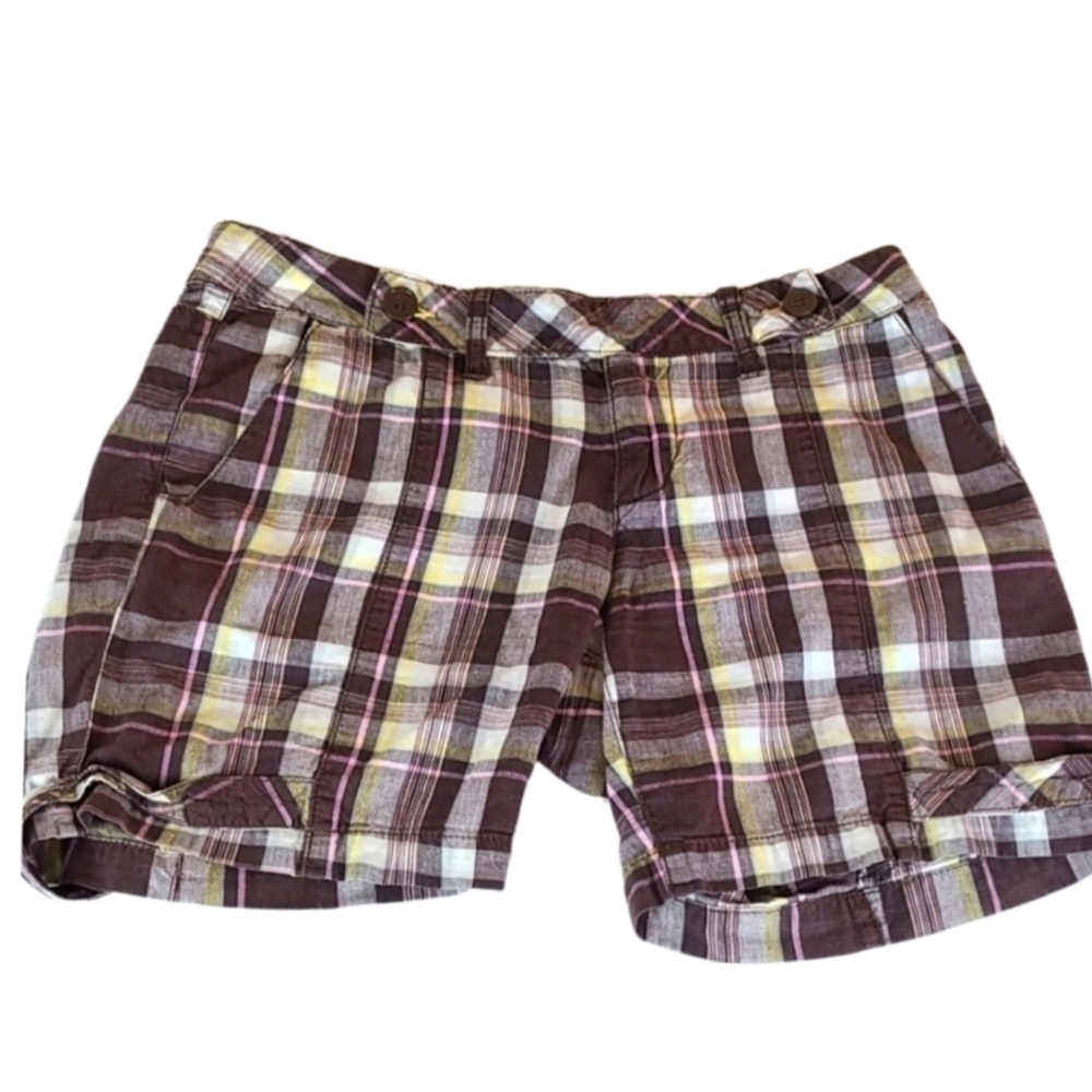 Cute Vintage Multicolor Plaid Brown Pink White Shorts with Pockets, Size…